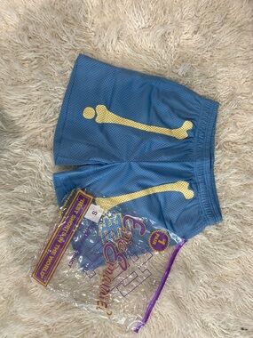 Eric Emmanuel Blue Mesh Shorts with Yellow Bone Graphic